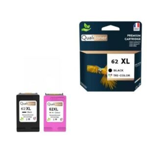 62XL fabriqué en France, 2 Cartouche d'encre compatible pour HP 62 XL Noir / Cou