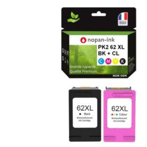 62XL fabriqué en France, 2 Cartouche d'encre compatible pour HP 62 XL Noir / Cou