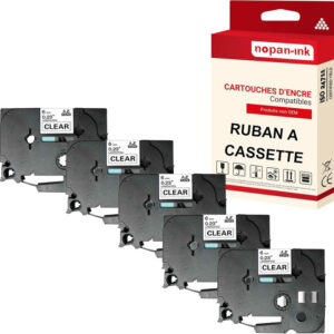 RUBAN compatible pour Brother TZE-111 Noir + transparent PK5 Largeur 6 mm / 8 mètres