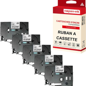 RUBAN compatible pour Brother TZE-121 Noir + transparent PK5 Largeur 9 mm / 8 mètres