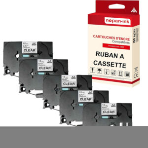 RUBAN compatible pour Brother TZE-131 Noir + transparent PK5 Largeur 12 mm / 8 mètres