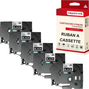 RUBAN compatible pour Brother TZE-315 Noir + blanc PK5 Largeur 6 mm / 8 mètres